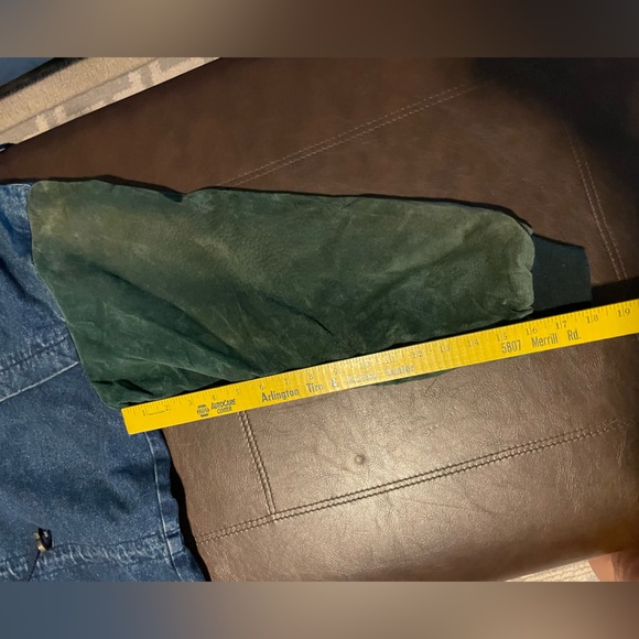 Vintage Arizona 90s Jean Jacket Flannel Lined Suede Leather Sleeves chore Coat L - Picture 14 of 15